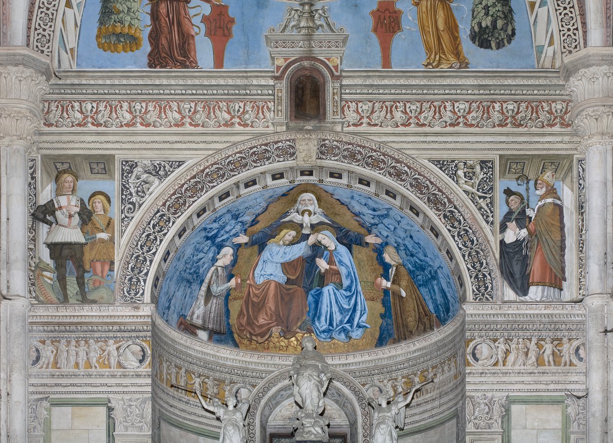 Jomfru Marias kroning med Gud og Helligånden mellem Francesco og Ludovico Sforza, 1500-1522 af Ambrogio da Fossano