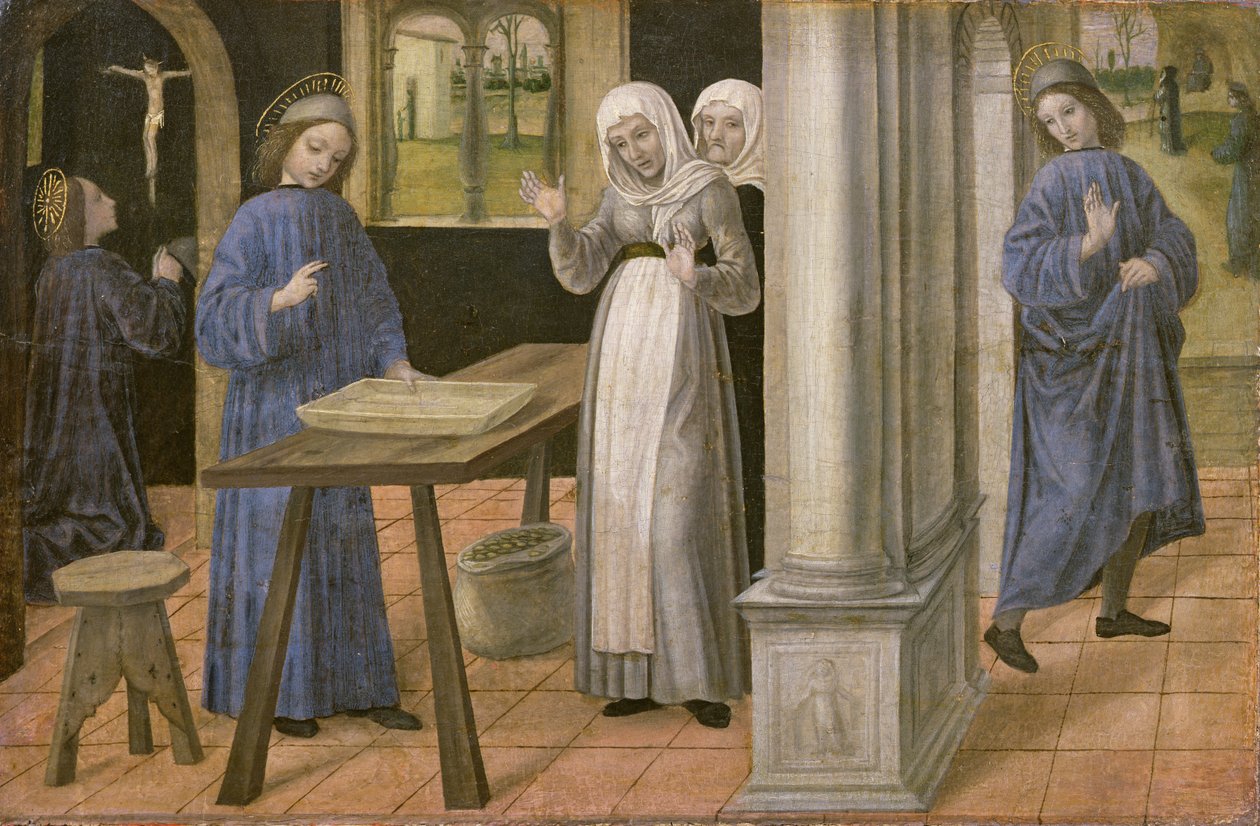 Bønnen, sigtens mirakel og afgangen til Subiaco, predella-panel fra en altertavle, der forestiller scener fra St. Benedikts liv, 1488-95 af Ambrogio da Fossano