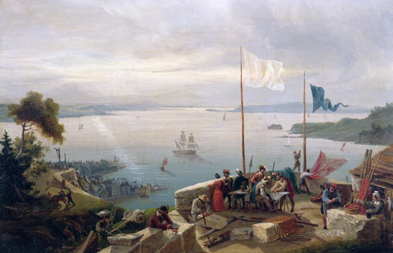 Grundlæggelse af byen Quebec af Samuel de Champlain i 1608, 1848 af Ambroise Louis Garneray