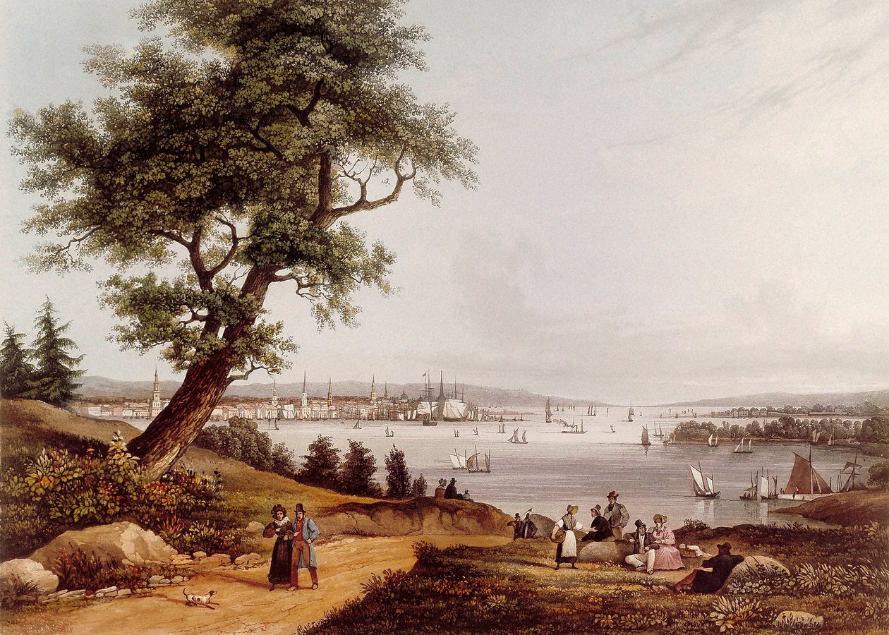 Udsigt over New York City i 1840. Litografi af Louis Ambroise Garneray (1783-1857). Paris. B.N. af Ambroise Louis Garneray