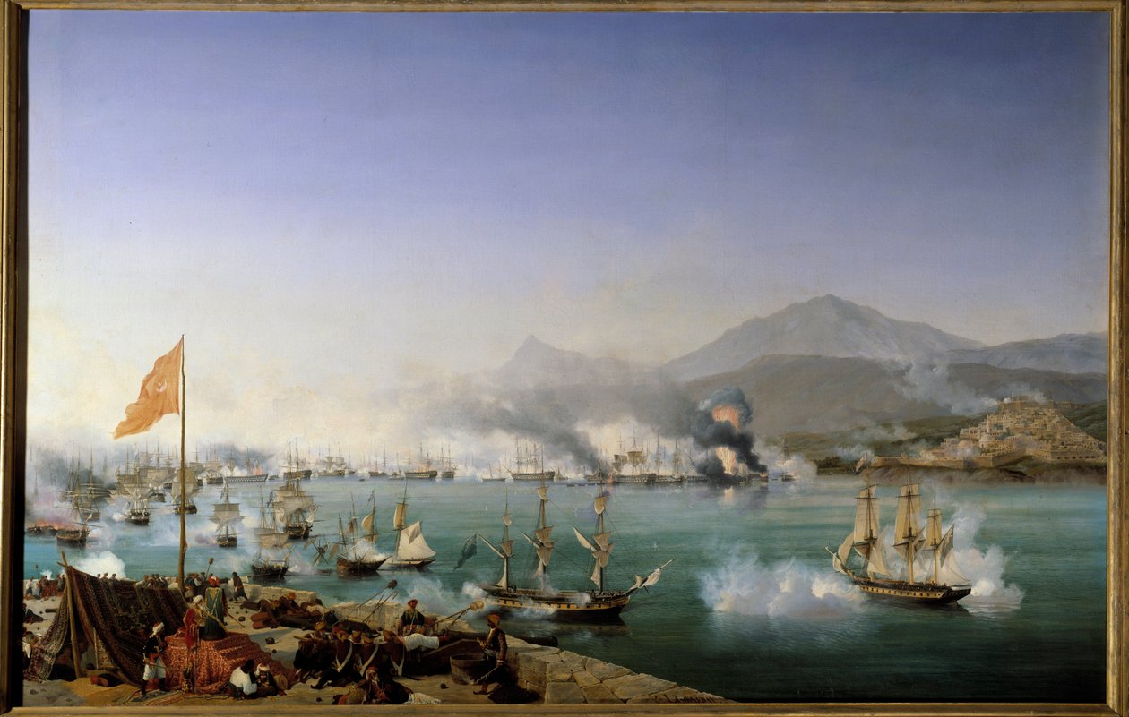 Græsk uafhængighedskrig: "" Udsigt over Navarins søslag den 20/10/1827"" Det fandt sted i Navarin-bugten (Pylos, det vestlige Peloponnes) mellem den osmanniske flåde og en fransk-anglo-russisk flåde. Maleri af Ambroise Louis Garneray (1783-1857) 1831 søn.  af Ambroise Louis Garneray