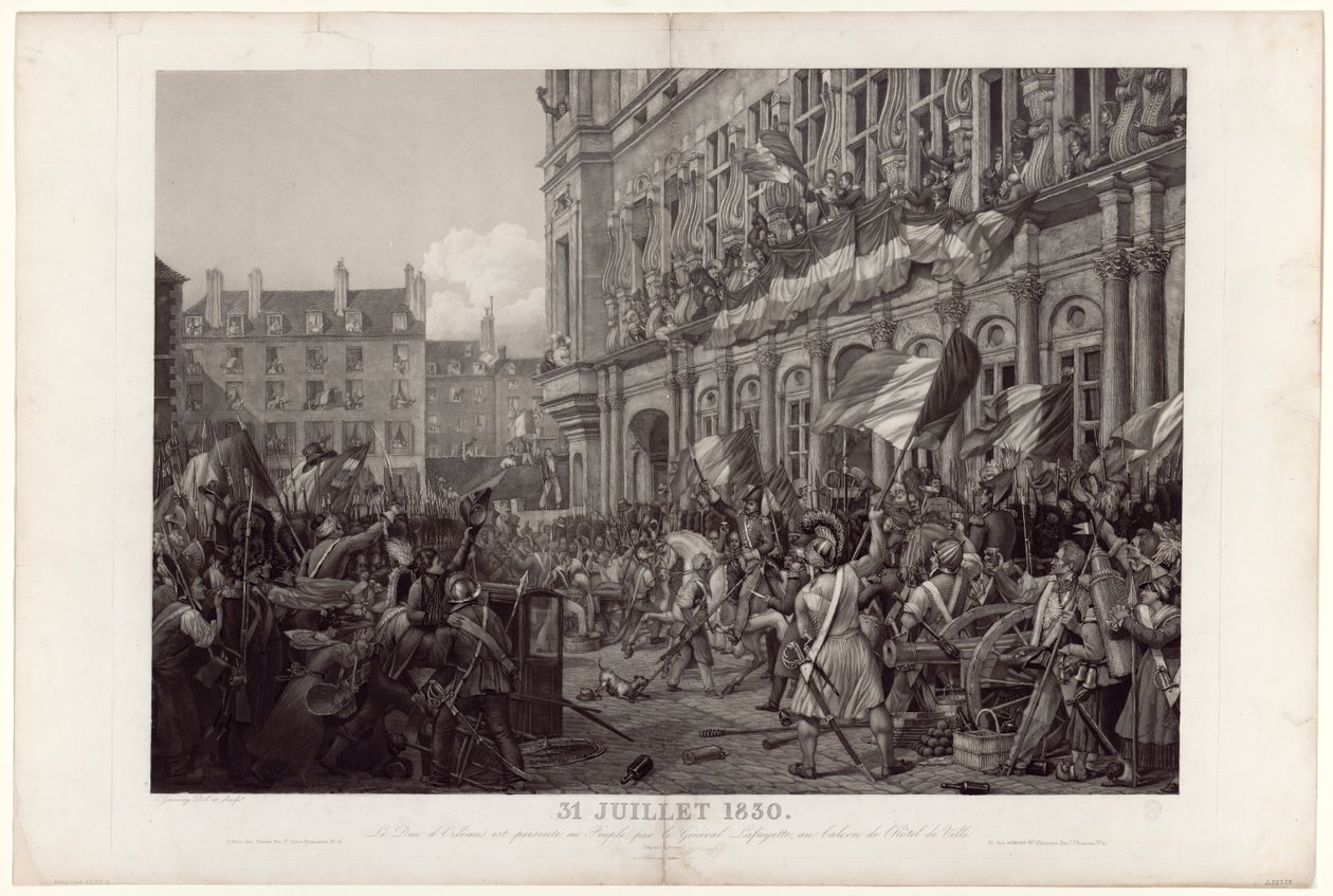 Hertugen af Orléans blev præsenteret for folket af general La Fayette på balkonen på Hôtel de Ville den 31. juli 1830. af Ambroise Louis Garneray