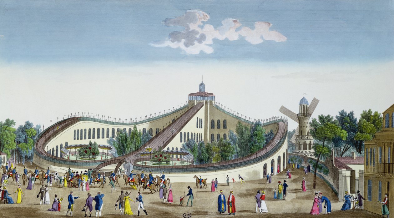 Promenades Aeriennes, Jardin Baujon, hædret af hendes Majestæts tilstedeværelse, 2. august 1817, ca. 1817 (farvegravering) af Ambroise Louis Garneray