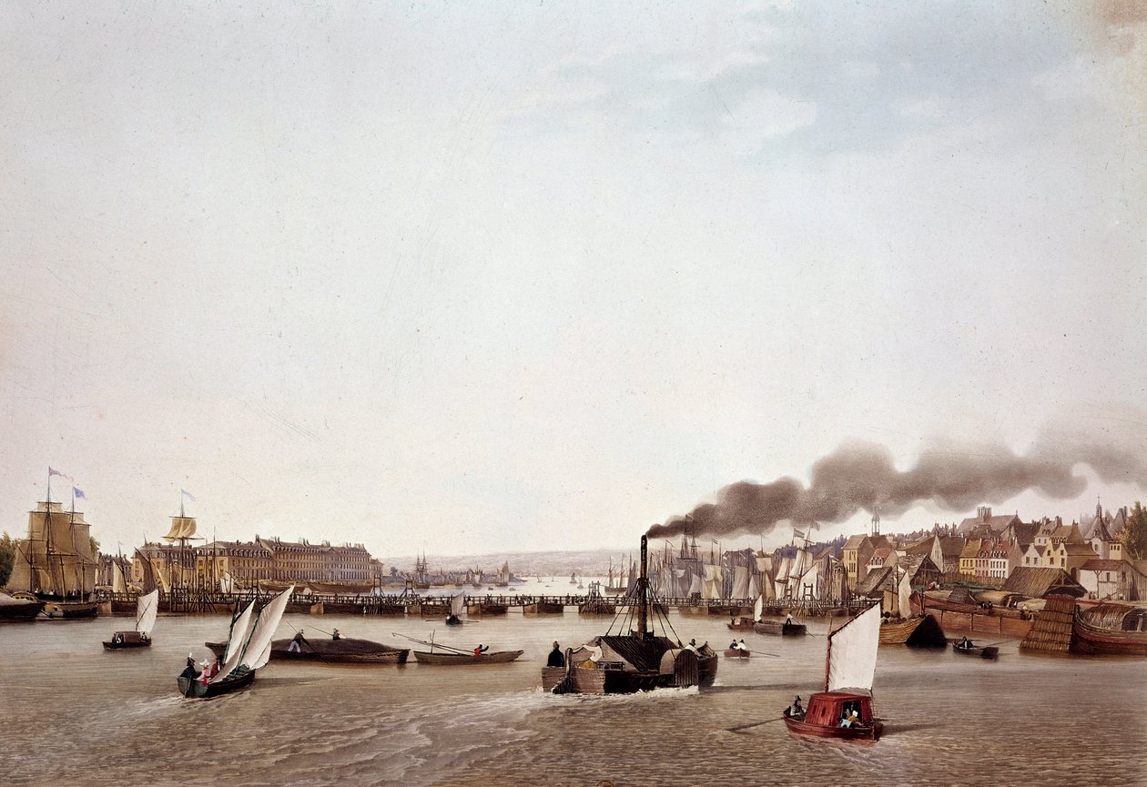 Udsigt over flodtrafikken på Seinen til Rouen. Akvarel af Ambroise Louis Garneray (1783-1857) Paris fra det 19. århundrede, B.N. af Ambroise Louis Garneray