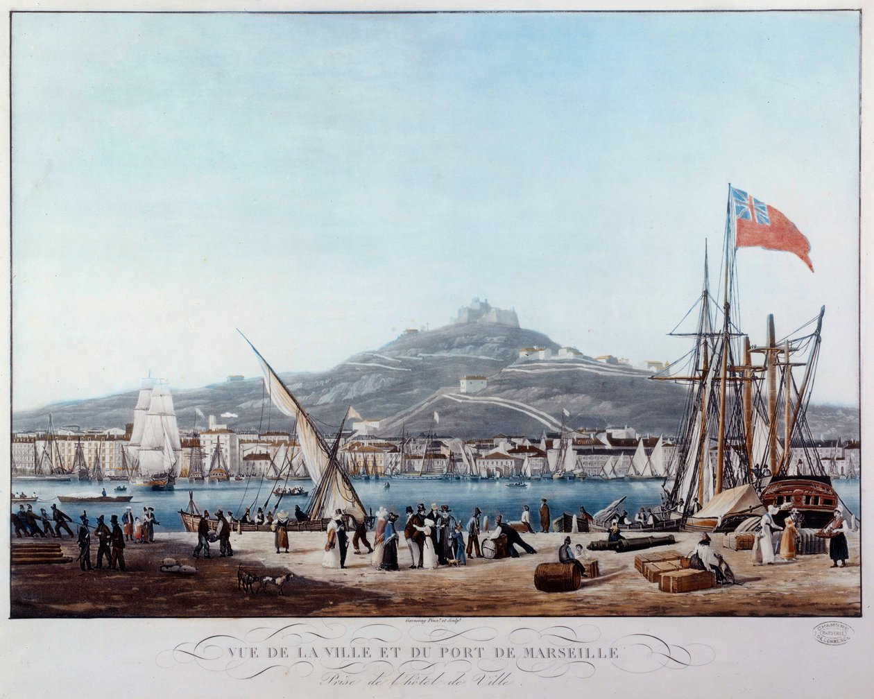 Udsigt over havnen i Marseille under restaureringsakvarellen af Ambroise Louis Garneray (1783-1857) Marseille fra det 19. århundrede, Musee de la Marine af Ambroise Louis Garneray