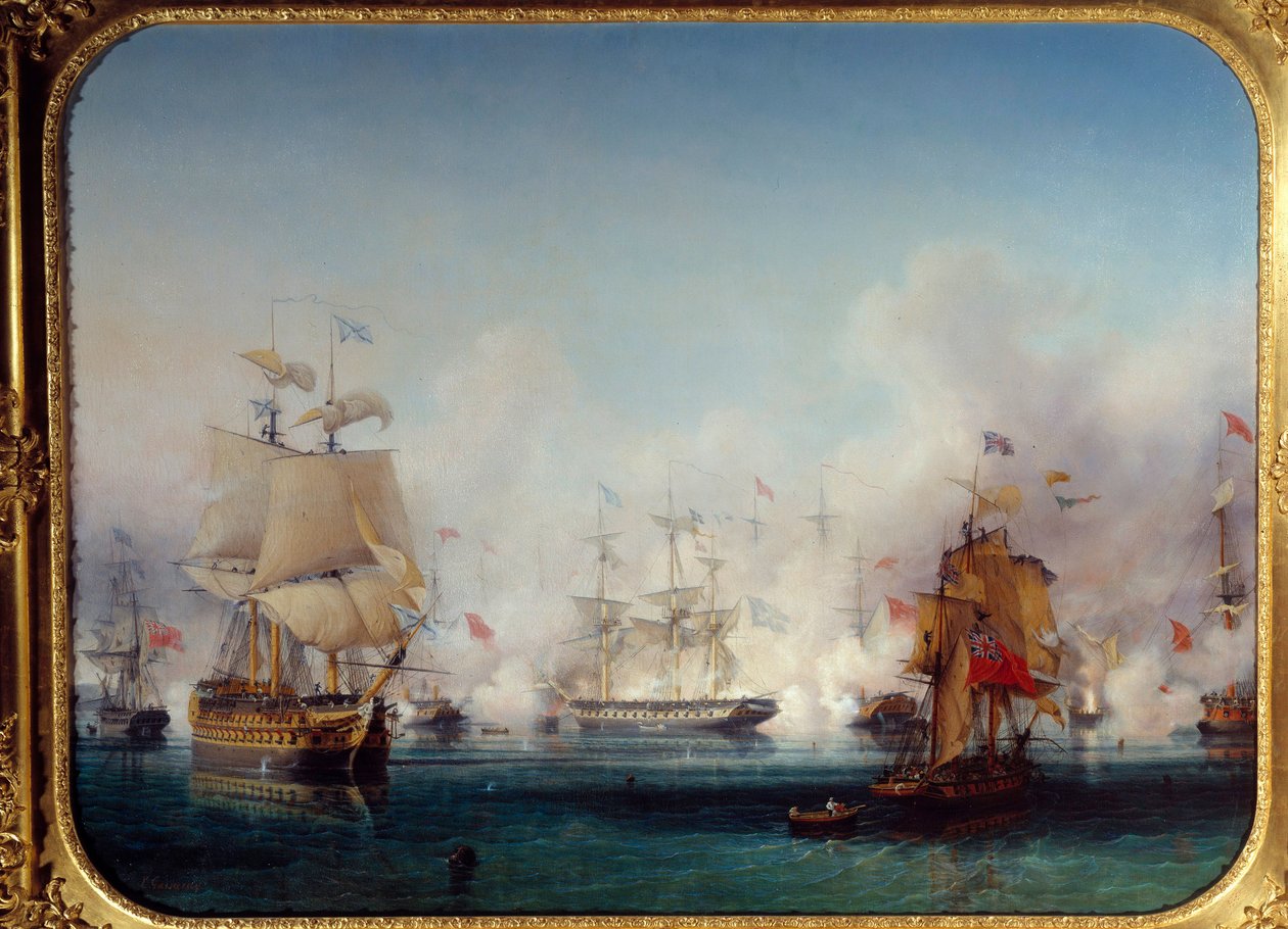Grækenlands uafhængighedskrig: Udsigt over søslaget ved Navarin den 20/10/1827, 1827 af Ambroise Louis Garneray
