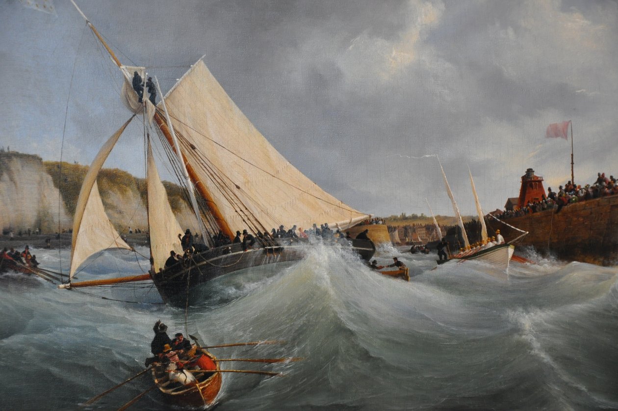 Statskutteren Furet i Hendes Kongelige Højhed Hertuginden af Berrys tjeneste forlader havnen i Dieppe af Ambroise Louis Garneray