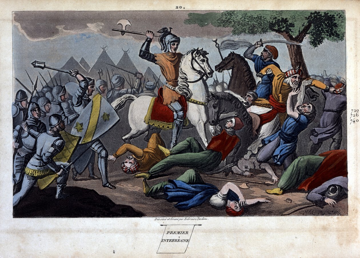 Slaget ved Poitiers: Charles Martel besejret mellem Tours og Poitiers Abd al-Rahman I eller Abderamane I (Abd al-Rahman) (731-788), konge af Saracens i 732 - Designet og indgraveret af Ambrose Tardieu i 1825. af Ambroise Tardieu