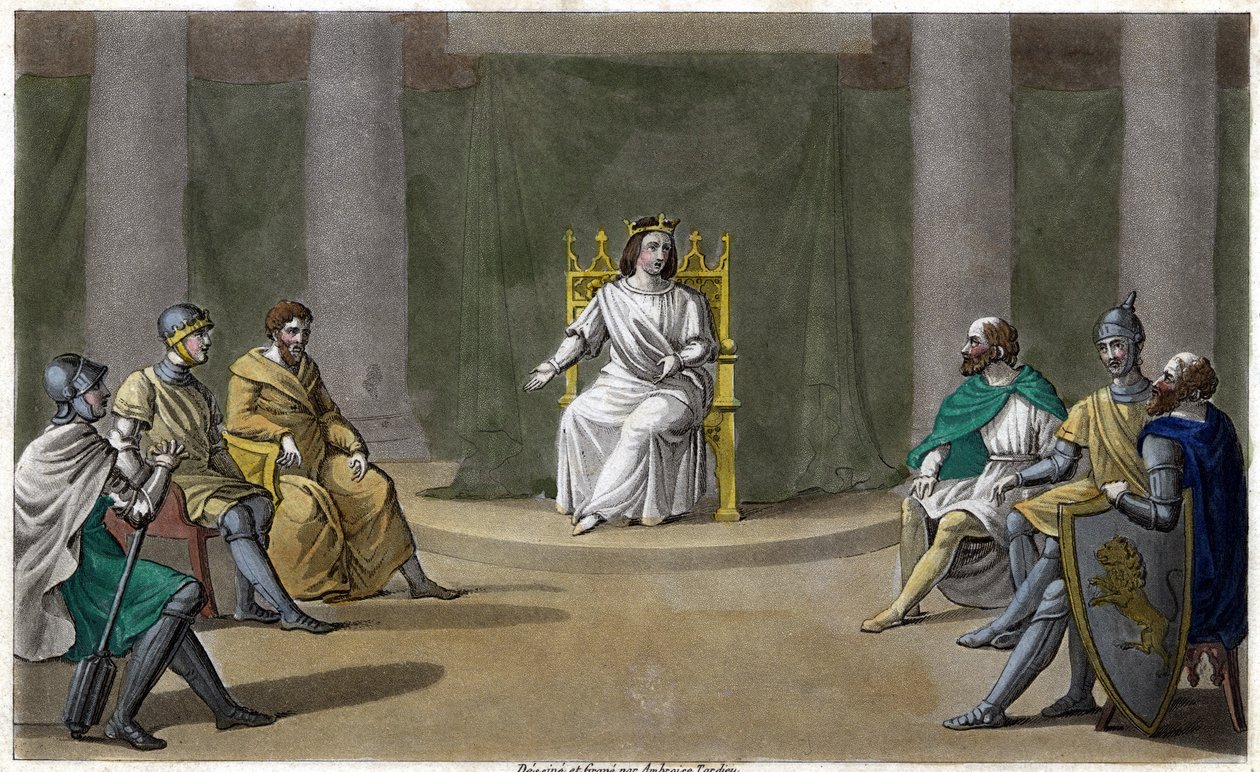 Caribert eller Chérebert, konge af Paris (561 - 567), holdt råd, hvor han gav retfærdighed. Designet og indgraveret af Ambroise Tardieu i 1825. af Ambroise Tardieu