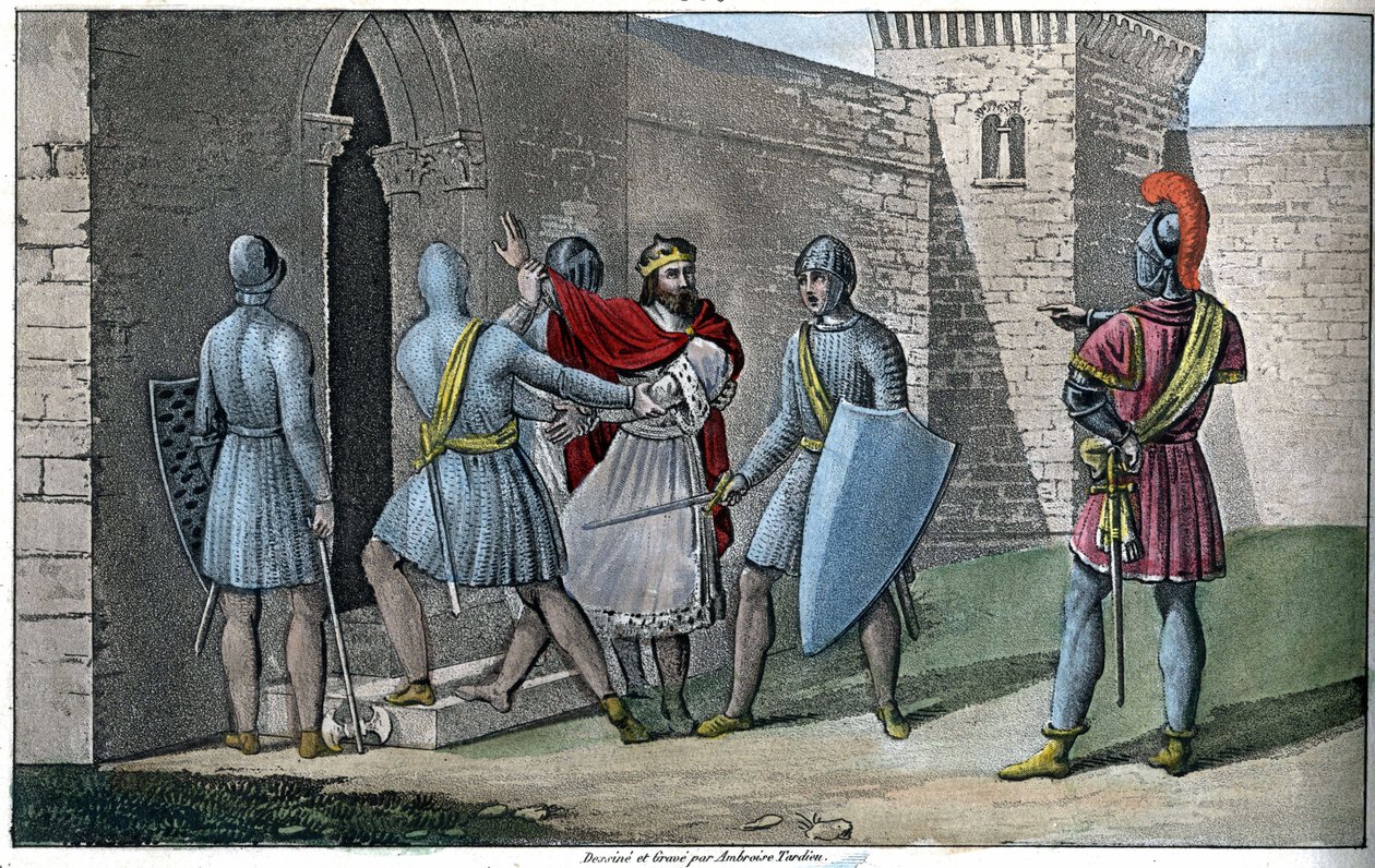 Charles III, "The Simple" (879-929), karolingisk dynasti. Detrone i 922 og tvunget til at redde sig selv, søgte han tilflugt hos Herbert II af Vermandois (ca. 880-943), som holdt ham fanget på slottet Peronne i 923. - Designet og indgraveret af Ambroise Ta af Ambroise Tardieu