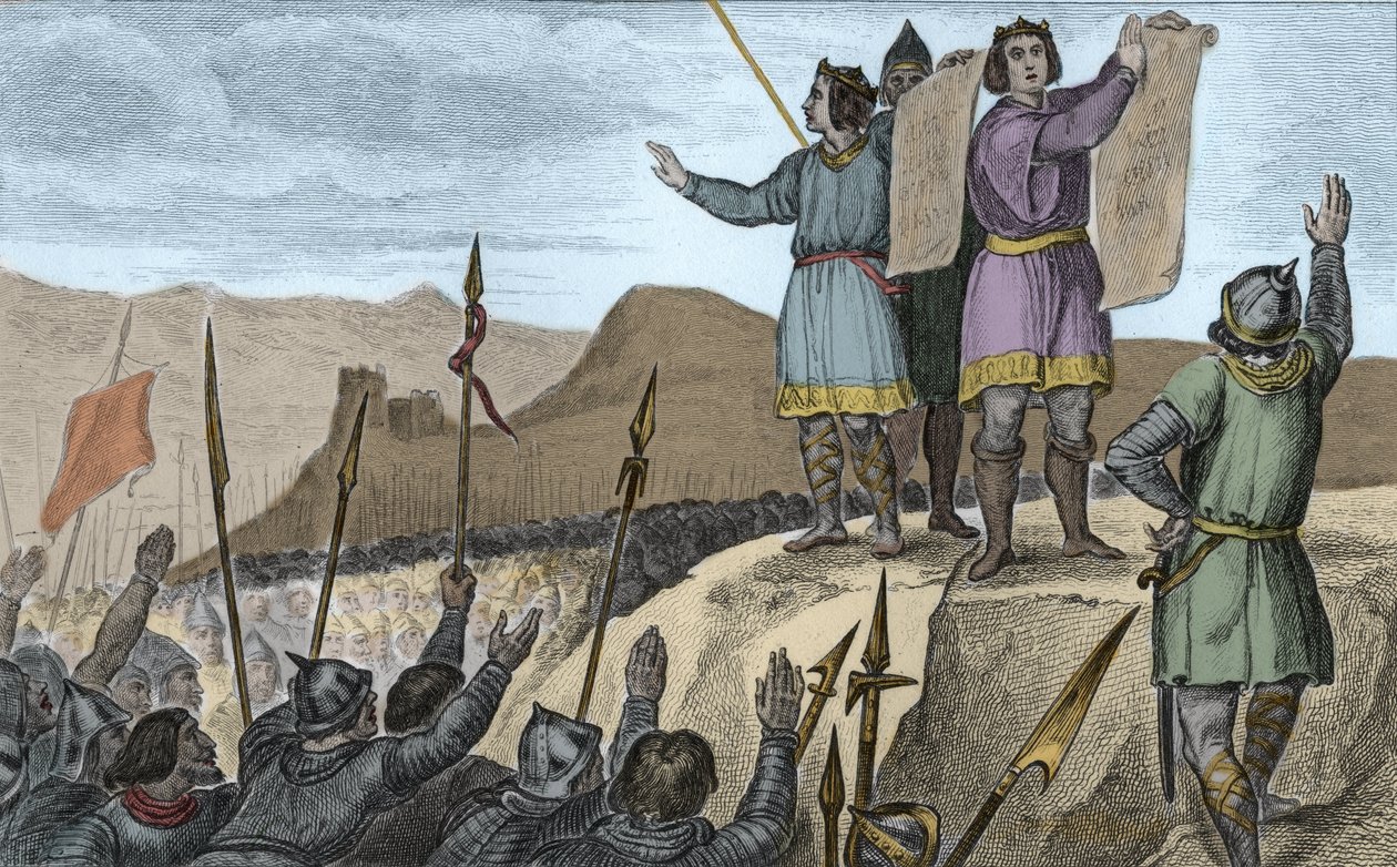 Karl II (823-77) den Skaldede og hans bror Ludvig den Tyske indgår traktat i Strasbourg i 842 - Strasbourg-eder afsagt af Karl II den Skaldede (823-877), konge af Frankrig og kejser af Vesten, og Ludvig den Germanske , 14. februar 842 - Gravering af Ambroise Tardieu