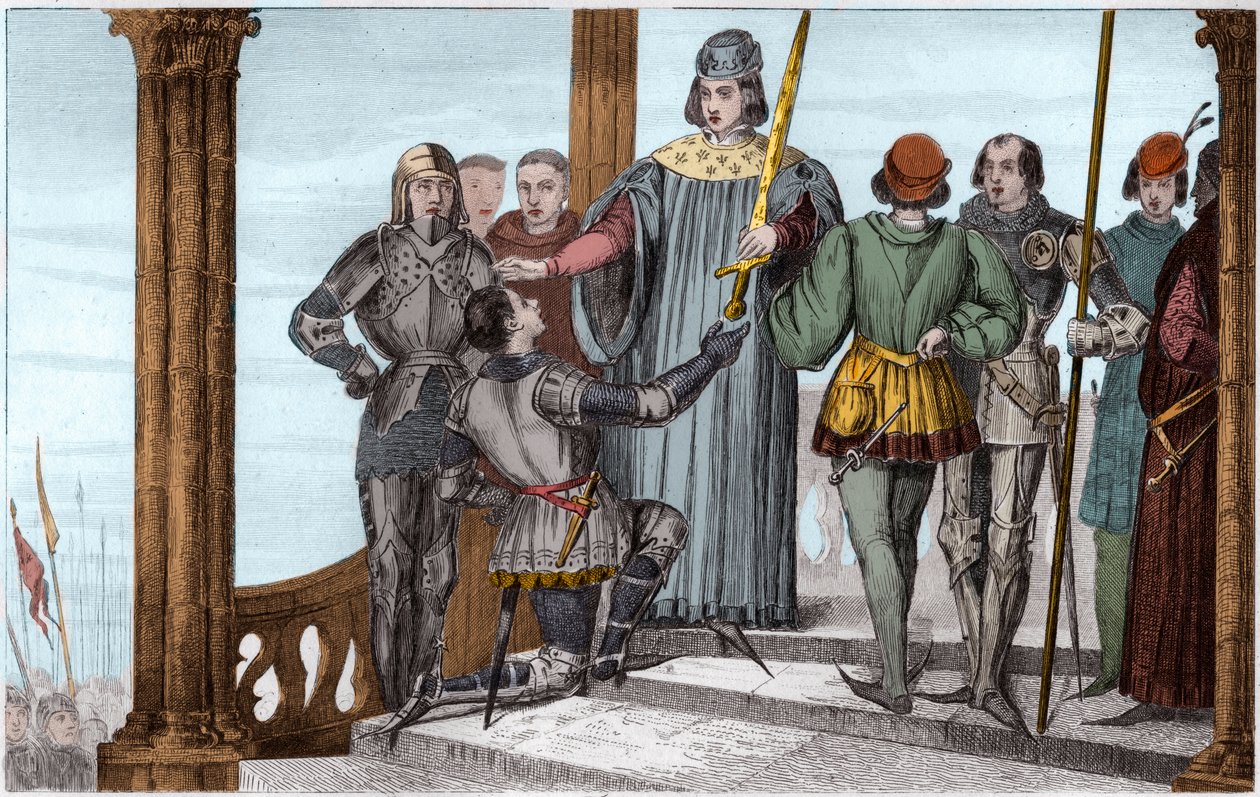 Charles V (1358-80) den Vise overrækker sit sværd til Duguesdin - Charles V Le sage (1338-1380) overrækker højtideligt sværdet af forbundne Bertrand du Guesclin (1320-1380) - Indgravering 1825 i "Histoire de France repræsenteret ved synoptiske malerier" de af Ambroise Tardieu