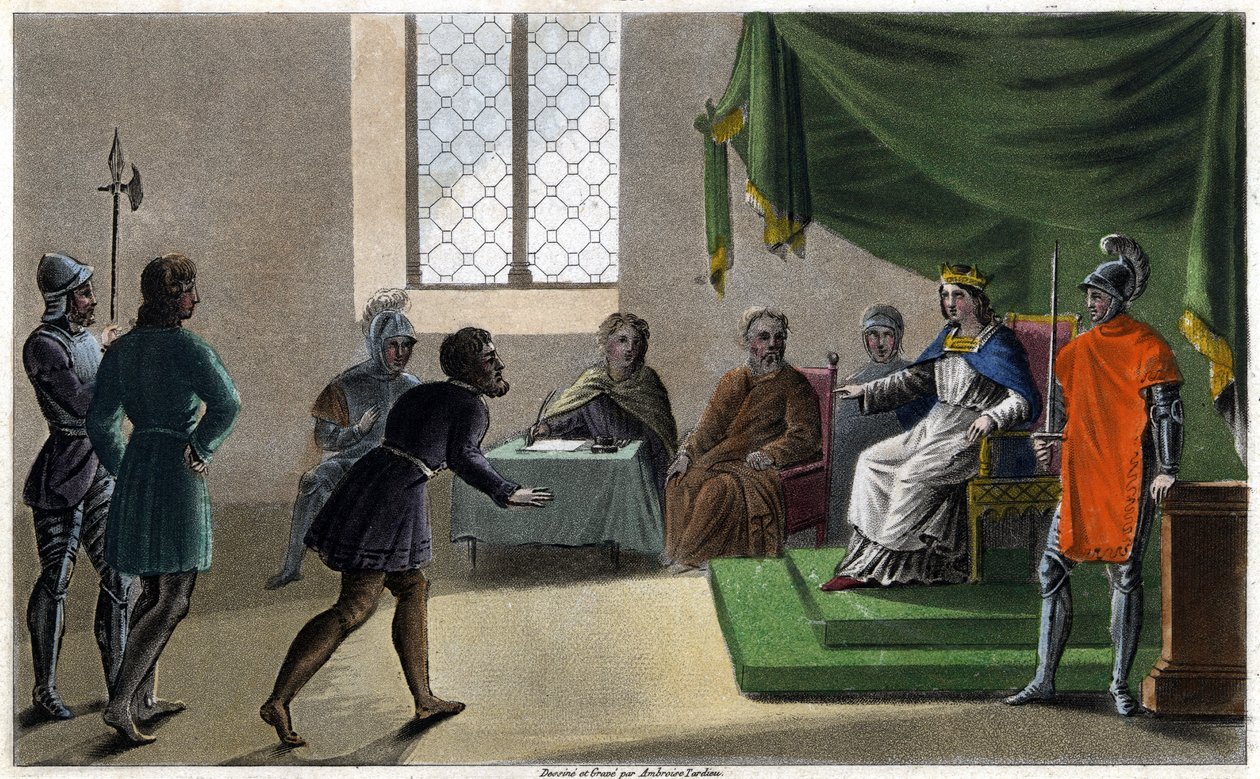 Childebert II, den retfærdige, der yder sine undersåtter ret (711). Designet og indgraveret af Ambroise Tardieu i 1825. af Ambroise Tardieu