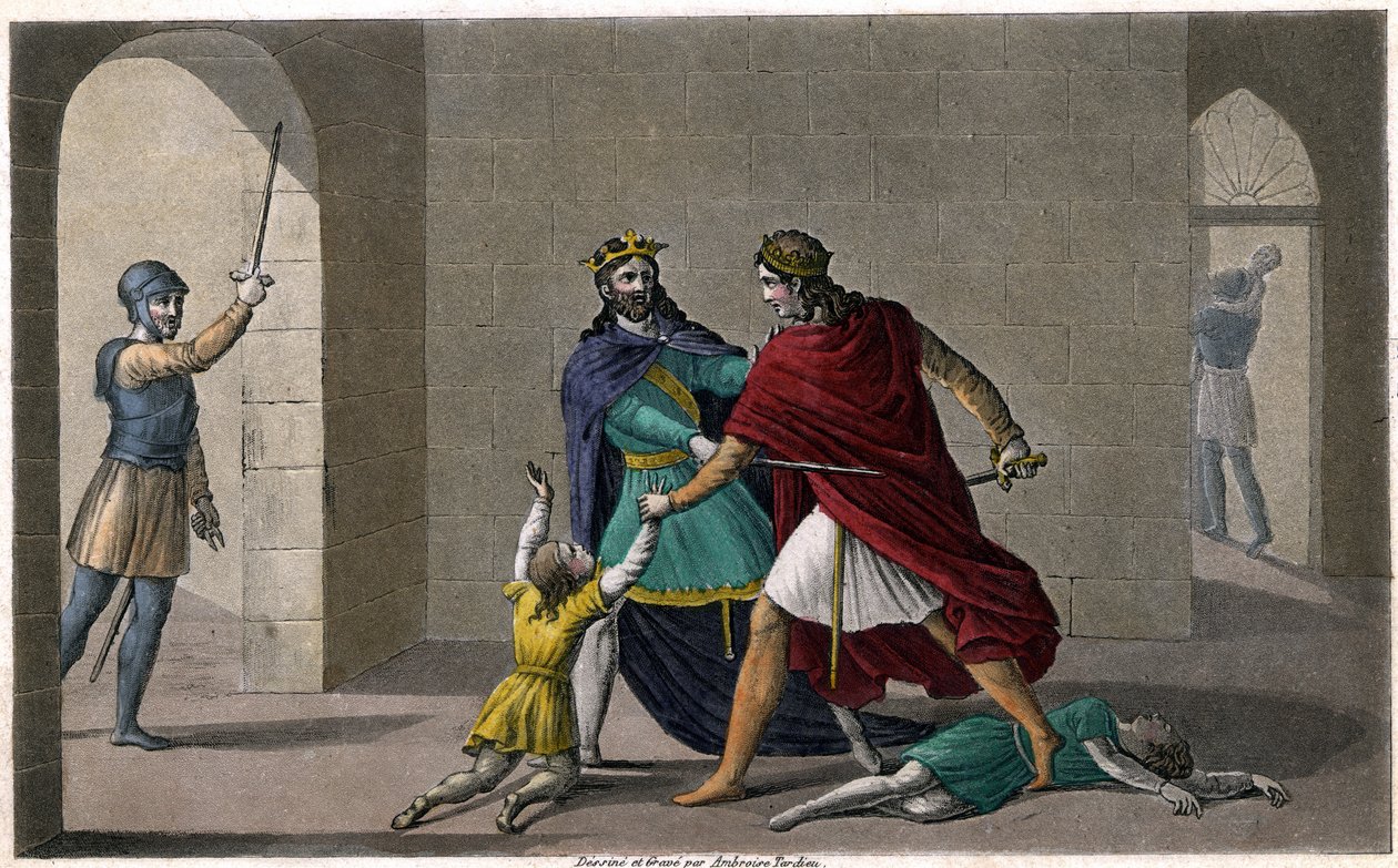Childebert I lod Clotaire (Clothaire) slagte børnene af deres bror Clodomir, konge af Orleans, hvis stater de deler. Designet og indgraveret af Ambroise Tardieu i 1825. af Ambroise Tardieu