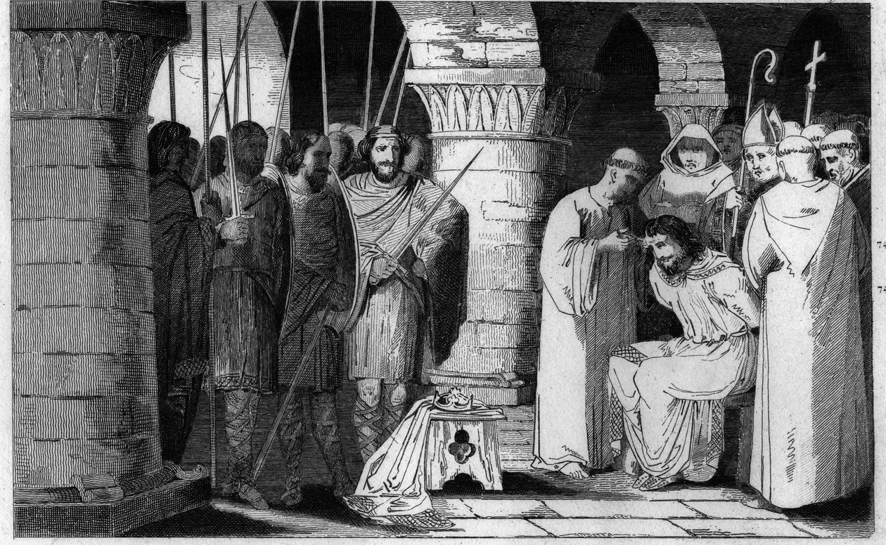 Childeric III (714-751) er detroniseret og begrænset til et kloster - Childeric III detroner og indesluttet af Pepin le Brit i et kloster i Saint Omer mellem 742-749 - Indgravering af 1825 i "Histoire de France repræsenteret ved synoptiske malerier dediee  af Ambroise Tardieu