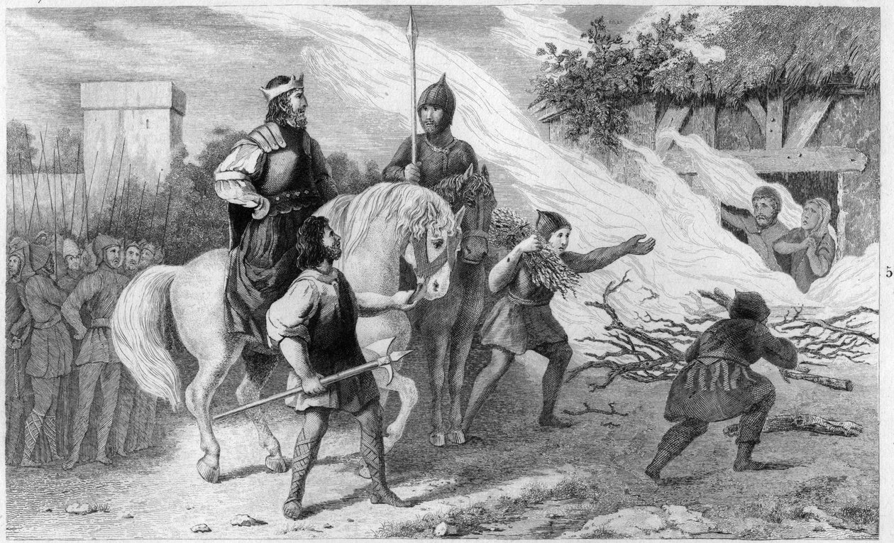 Chlothar I (497-561) brænder sin oprørske søn og familie, 560 - Clotaire (Clothaire) I (497-561), konge af francerne, brænder sin søn Chramne (Chram, Chramn) og hans kone i 560, som gjorde oprør mod ham - Indgravering 1825 i “Histoire de France repræsenter af Ambroise Tardieu