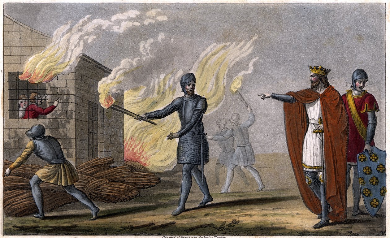 Clotaire (Clothaire) I (497 - 561) brænder sin søn Chramne i et sommerhus, gør oprør mod ham - Reign of Clotaire. Clotaire brændte i et sommerhus, hans søn Chramne gjorde oprør mod ham - Dessine et grave af Ambroise Tardieu i 1825. af Ambroise Tardieu
