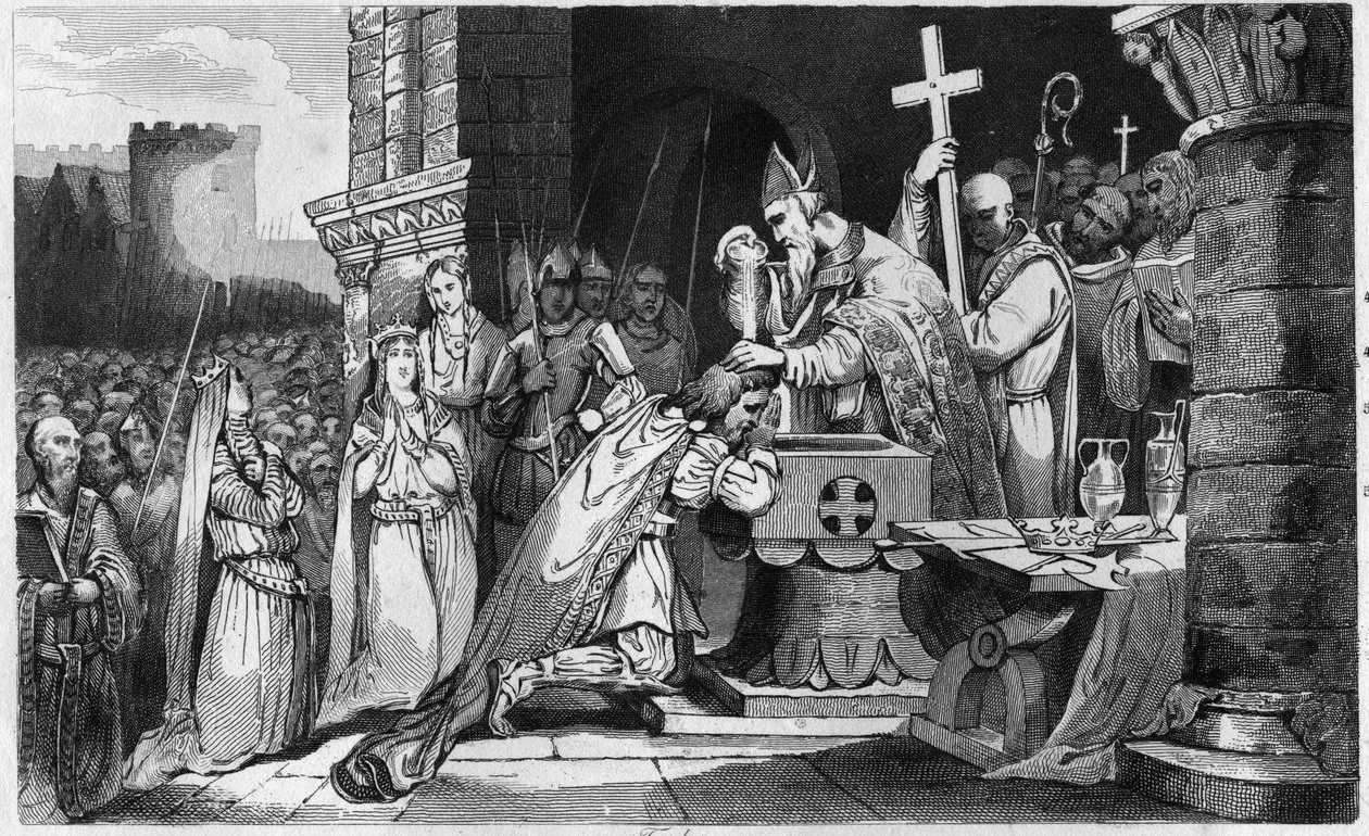 Clovis I (465-511) Døbt med mænd fra sin hær før slaget ved Tolbiac - Døb af Clovis 1., 25. december 496: le roi des Francs (466-511) bliver døbt af Saint Remi (437-533), eveque af Reims, i Saint Martin Kirke - Indgravering 1825 i "Histoi af Ambroise Tardieu