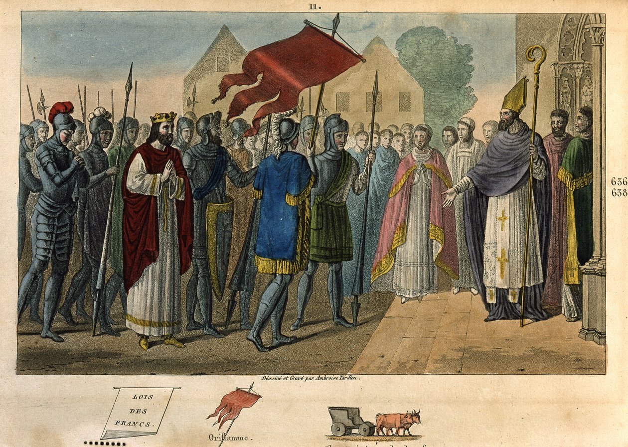 Dagobert 603 til 639 tager banneret ned ved St. Denis - Dagobert I (? - 639), Frankernes konge, Merovingernes dynasti. Han grundlagde klosteret Saint Denis, hvor han deponerede oriflamen. Tegninger og grav af Ambroise Tardieu i 1825. af Ambroise Tardieu