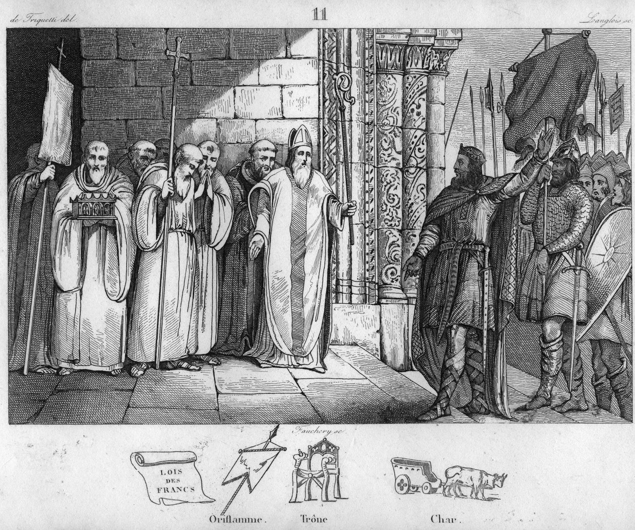 Dagobert 603 til 639, der tager banneret ned ved St. Denis - Dagobert I, kongen af frankerne, der har skabt klosteret Saint-Denis, har oriflamen deponeret der omkring 634 - Indgravering af 1825 i "Histoire de France repræsenteret ved synoptiske malerier de af Ambroise Tardieu