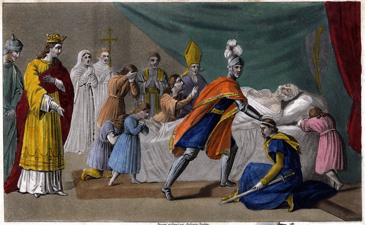 Pepin af Herstals død (635-714) omgivet af sin familie - Pepin de Herstals død (bedstefar til Pepin le Brief), omgivet af sin familie og i nærværelse af Dagobert III (714) - Tegning og grav af Ambroise Tardieu i 1825 af Ambroise Tardieu