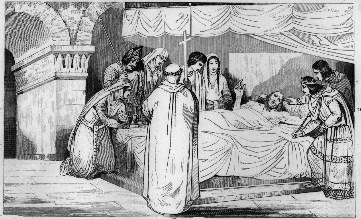Død af Pepin af Herstal (635-714) omgivet af sin familie - Pepin de Herstals død (bedstefar til Pepin le Brief), omgiver hans familie og i nærværelse af Dagobert III (i 714) - Gravering 1825 i "Histoire de France repræsenteret ved synoptisk smerte af Ambroise Tardieu