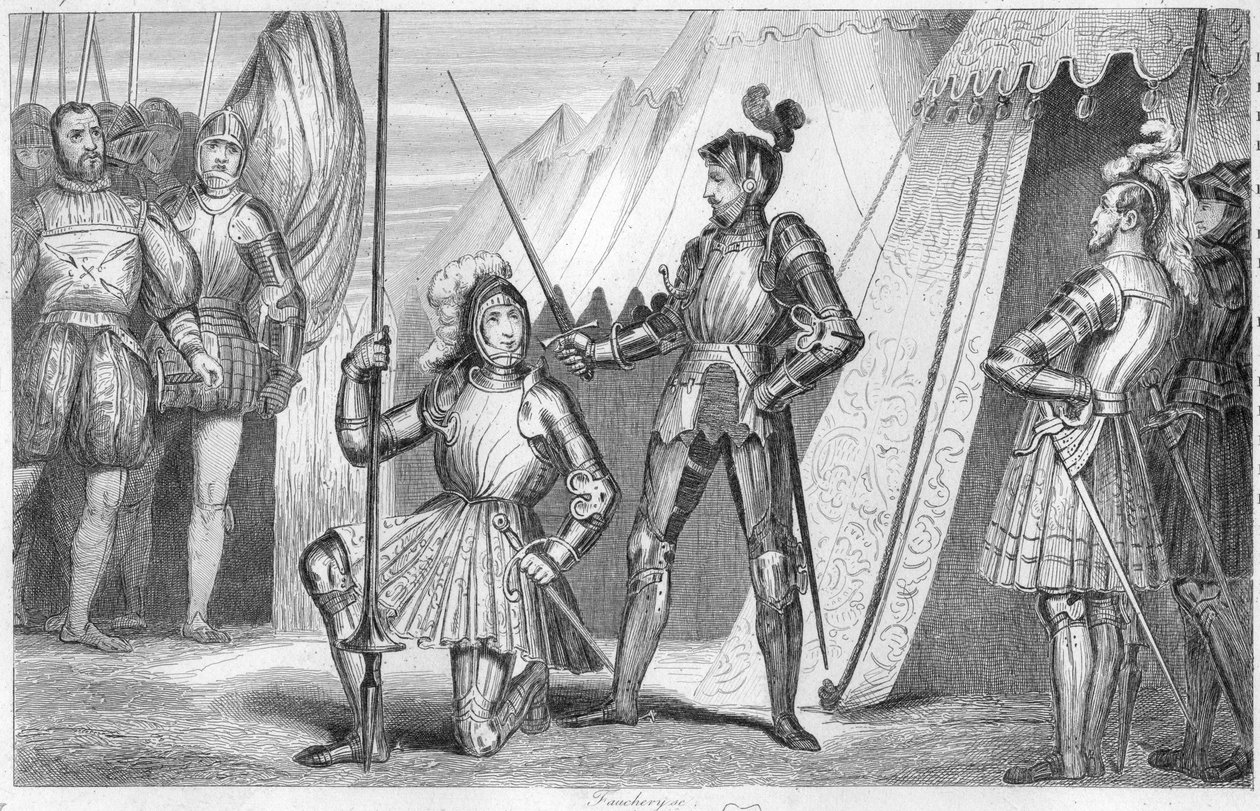 Frans I af Frankrig anmoder om at blive slået til ridder af Chevalier Bayard efter sejren i slaget ved Marignano, Italien af Ambroise Tardieu