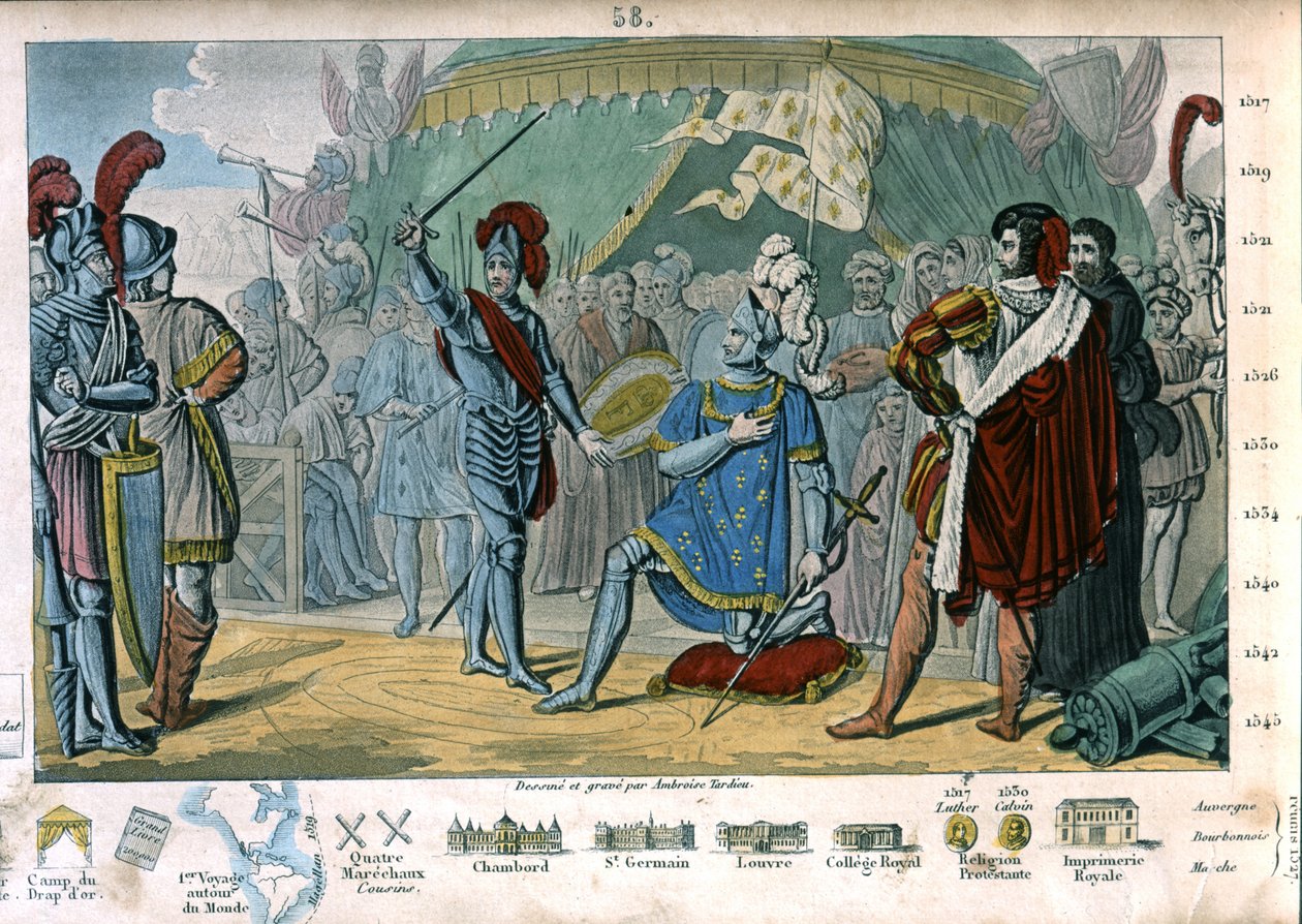 Frans I af Frankrig anmoder om at blive slået til ridder af Chevalier Bayard efter sejren i slaget ved Marignano, Italien af Ambroise Tardieu
