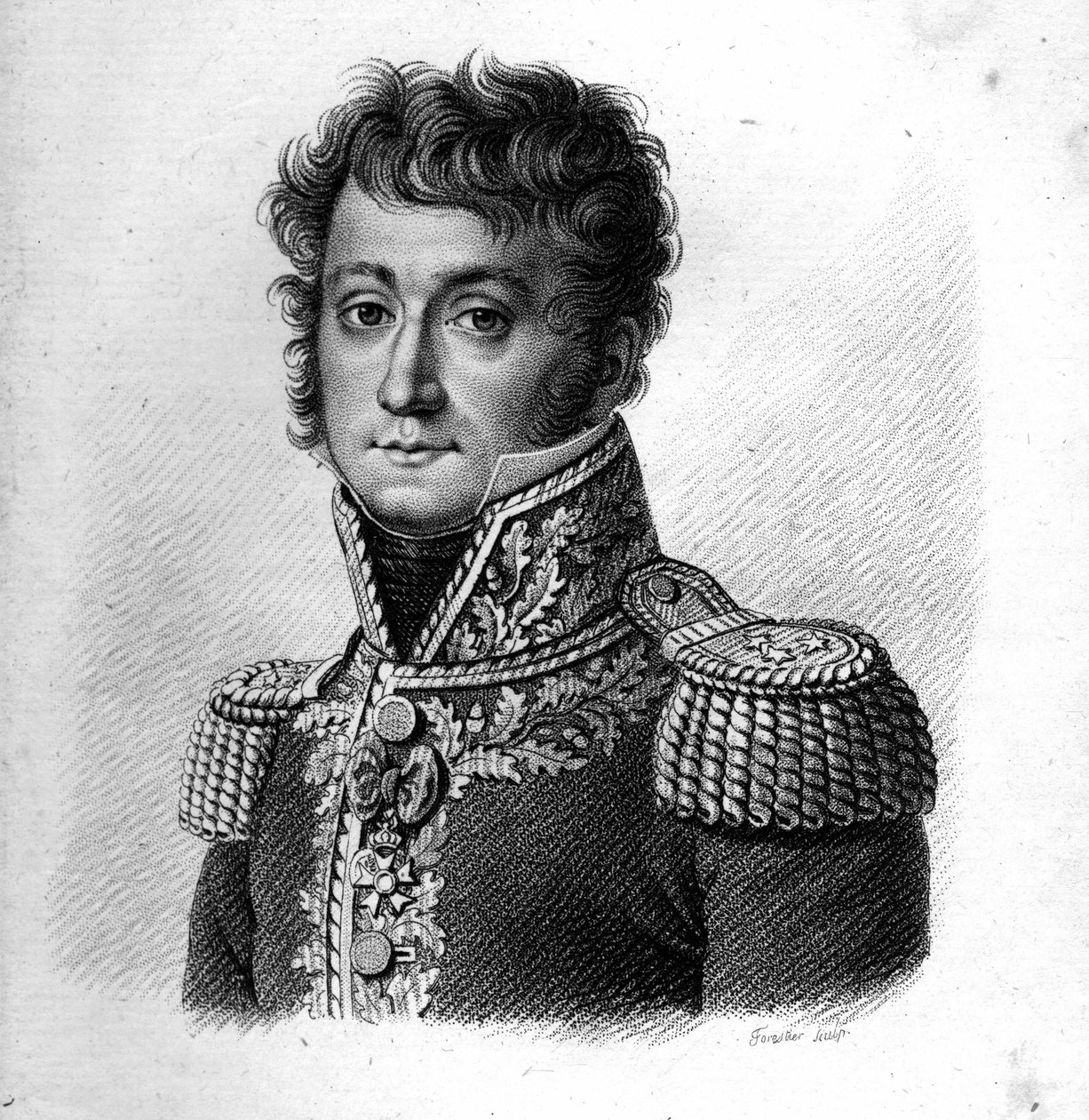 General Baron Gilbert Desiree Joseph Bachelu. (1777-1849).i ""Portrætter af de franske generaler"". Graveret af Ambroise Tardieu i 1818. Stella Collection af Ambroise Tardieu