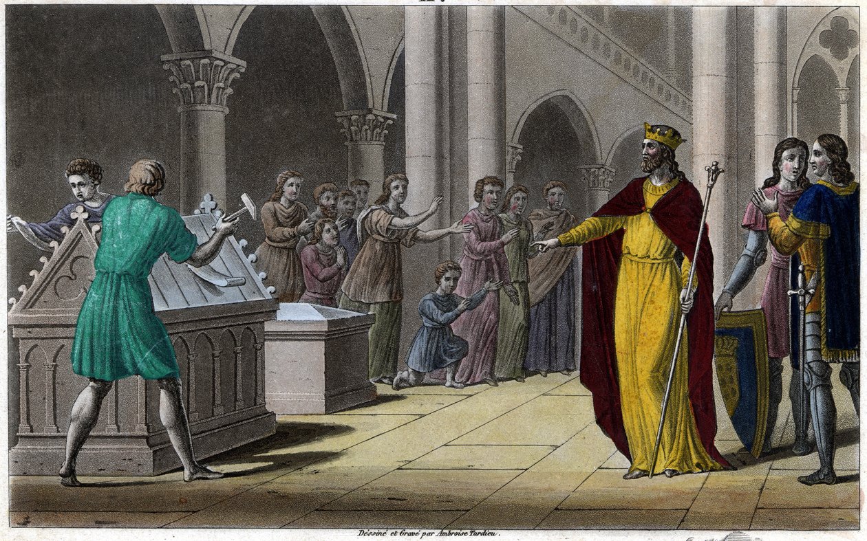 Grimoald, søn af Pépin den Ældre, borgmester i paladset i Austrasia (642) under Sigebert III. Designet og indgraveret af Ambroise Tardieu i 1825. af Ambroise Tardieu