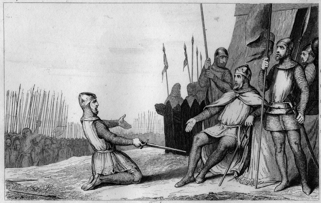 Henri I (1008-60) køretøj hans bror Robert-Le-Vieux i 1032 - Henri I (1008-1060), konge af Frankrig, takker sin bror Robert le Vieux, der rejste sig mod ham, og han afstod hertugen af Bourgogne i 1032 - Indgravering 1825 i “Histoire de France repr af Ambroise Tardieu