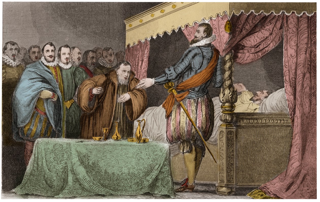Henrik III (1551-1589), konge af Frankrig, anerkender på sit dødsleje Henrik af Navarra (Henry IV) som sin legitime efterfølger - Saint-Cloud, 2. august af Ambroise Tardieu