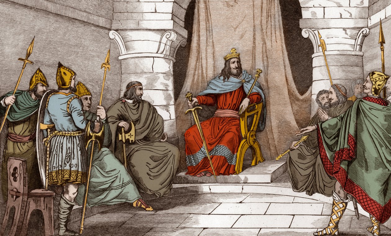 Kong Charibert (521-567) i råd med magistrater - Caribert eller Cherebert, konge af Paris (561-567), der holder råd, eller han ydede retfærdighed - Indgravering af 1825 i "Histoire de France repræsenteret af synoptiske malerier dediee til Frankrigs børn og af Ambroise Tardieu