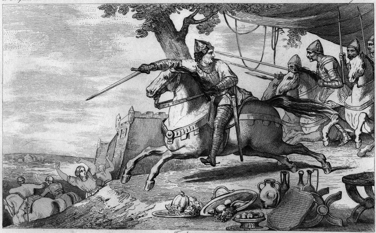 Lothair (941-986) fører sin hær i kamp (Aachen) - Lothaire (941-986), Merovingerdynasti - Han kæmpede mod den germanske kejser Otton I og overraskelsesangrebet i Aachen (Aachen) - Indgravering af 1825 i “Histoire de France repræsenteret af af Ambroise Tardieu
