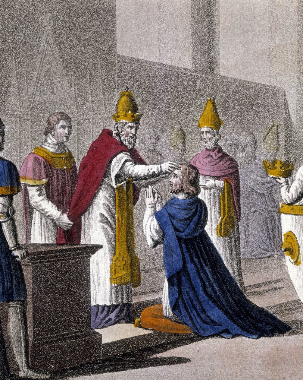 Ludvig II blev indviet anden gang ved koncilet i Troyes af Johannes VIII i 879 (detalje af 33595). Designet og indgraveret af Ambroise Tardieu i 1825. af Ambroise Tardieu