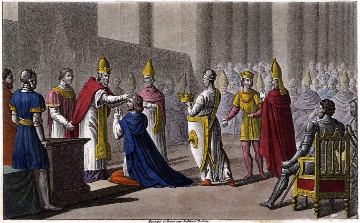 Ludvig II blev indviet anden gang ved Troyes-koncilet af John VIII i 879. Designet og indgraveret af Ambroise Tardieu i 1825. af Ambroise Tardieu