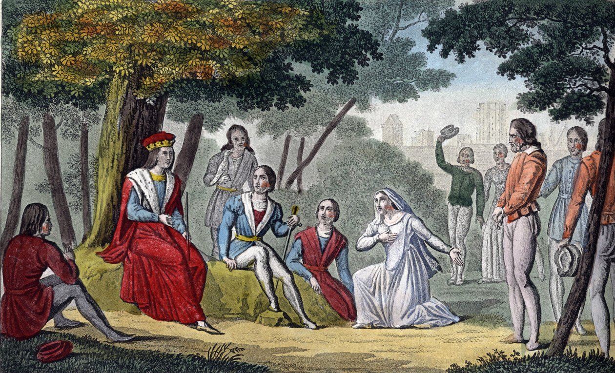 Louis IX, kendt som "Saint-Louis" (1214-1270), der yder retfærdighed til alle sine undersåtter i Vincennes-skoven - Designet og indgraveret af Ambroise Tardieu i 1825. af Ambroise Tardieu