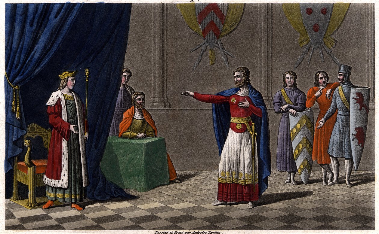 Louis V le Faineant (ca. 967-987), udråbt til konge af Frankrig ved beskyttelse af Hugues Capet, fremtidig konge af Frankrig, i 986 Tegn og grav af Ambroise Tardieu i 1825. af Ambroise Tardieu