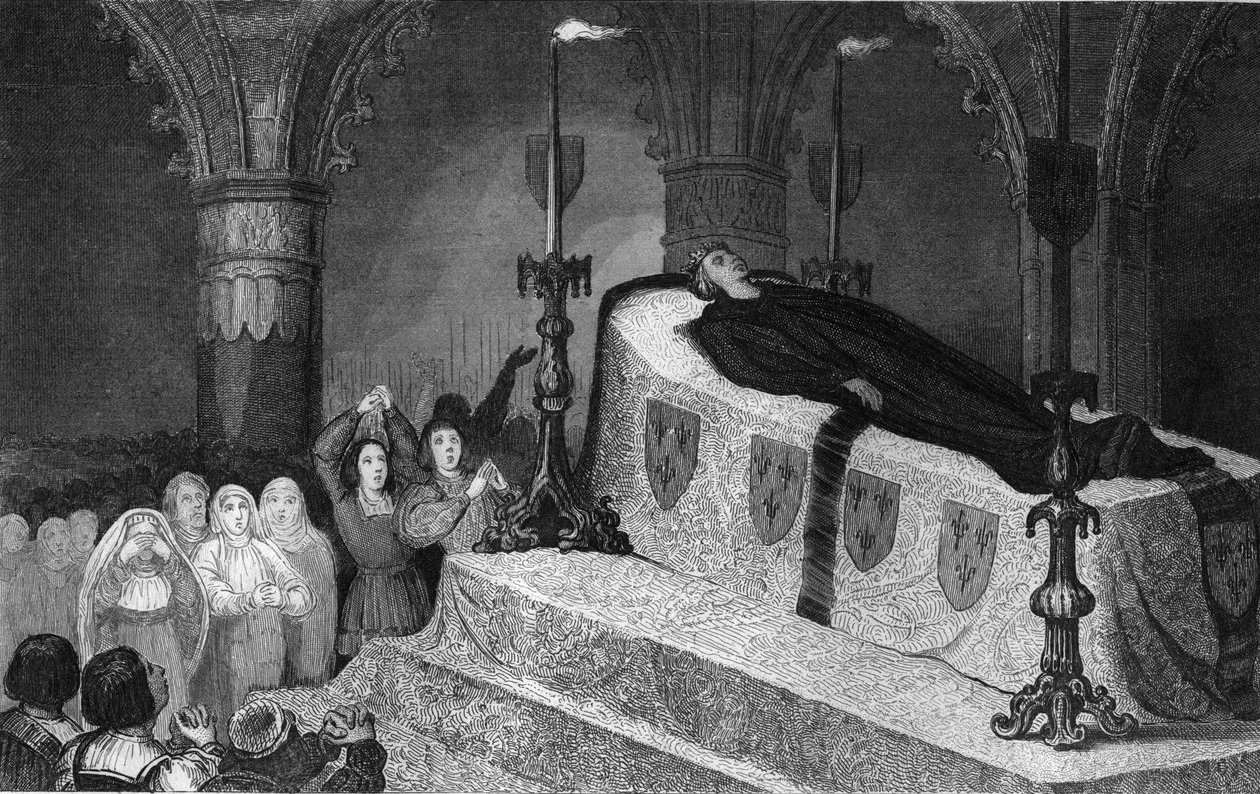 Ludvig XII (1462-1515) Folkets Fader på sin begravelsesbåre - Ludvig XII (1462-1515) Pere du Peuple sur son lit de mort - Indgravering af 1825 i "Histoire de France repræsenteret ved synoptiske malerier dediee til Frankrigs børn og medarbejder for deres e af Ambroise Tardieu