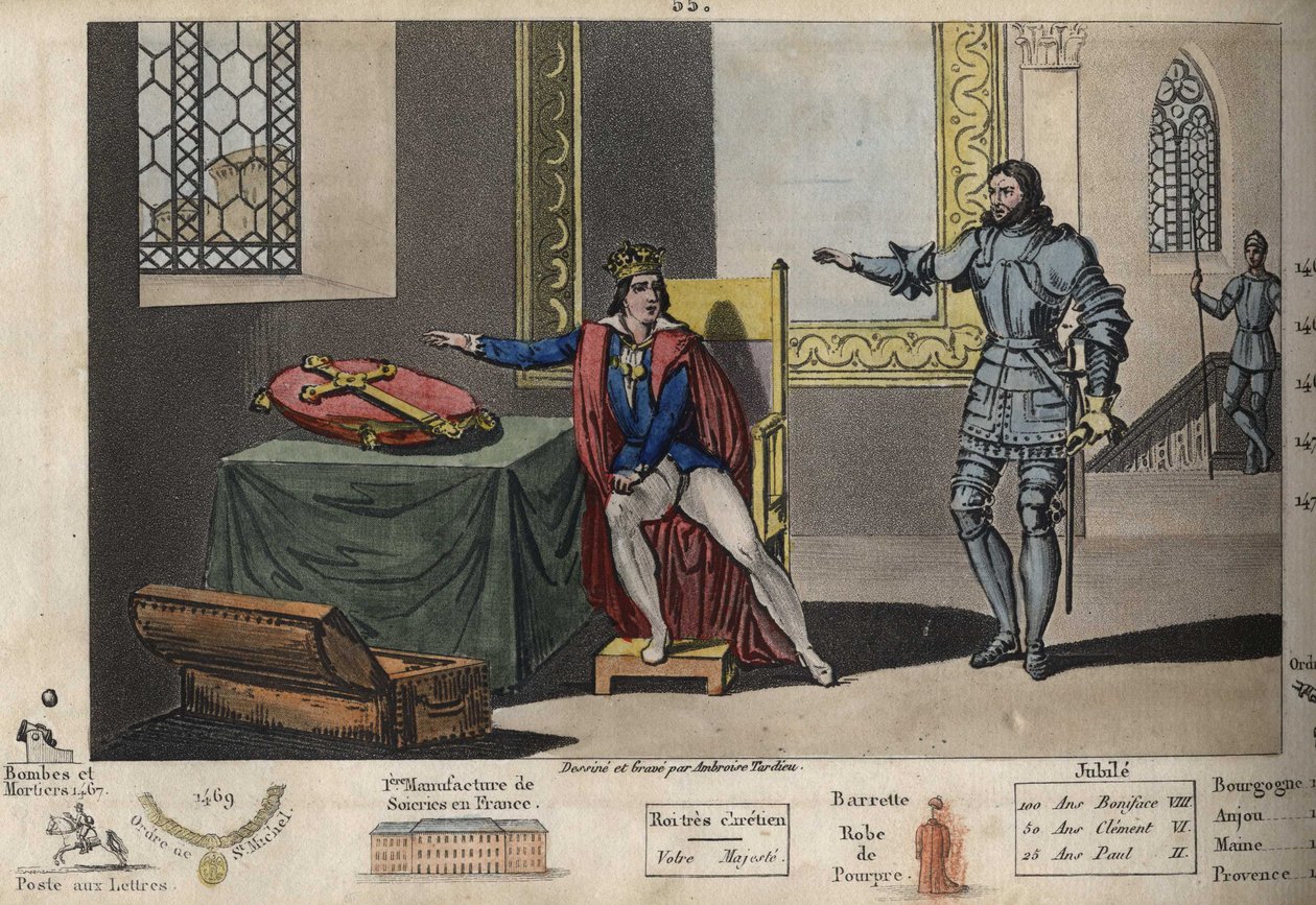 Ludvig XI (1423-1483) holdes fanget i Peronne, og fra sin lejlighed kan han se tårnet, hvor Karl III døde efter 6 års fangenskab. Han genvandt først friheden efter at have svoret på Karl den Stores kors, at han ville holde traktaten, som af Ambroise Tardieu