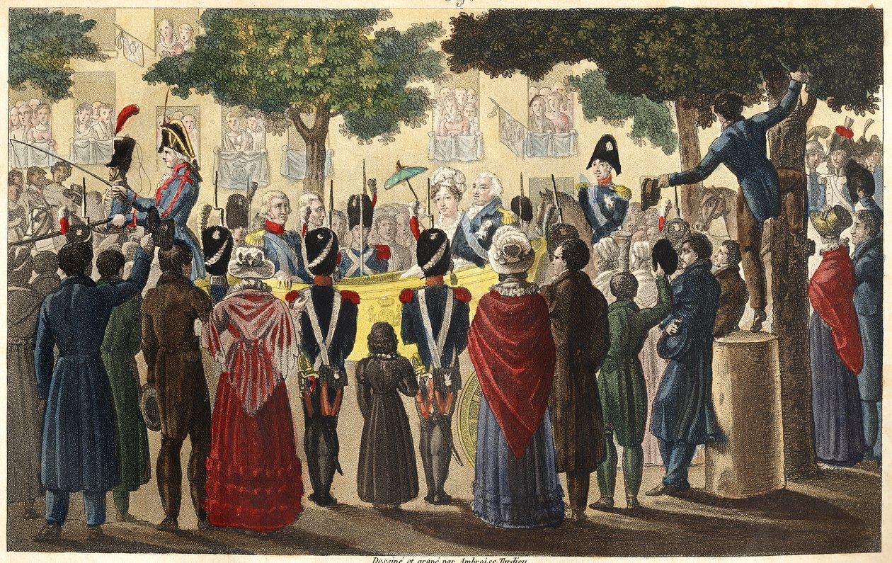 Ludvig XVIII (1755-1824) blev udråbt til konge af Condés hær blandt et lille antal undersåtter, der var loyale over for Paris i 1814 (Restaurering) - Designet og indgraveret af Ambroise Tardieu i 1825. af Ambroise Tardieu