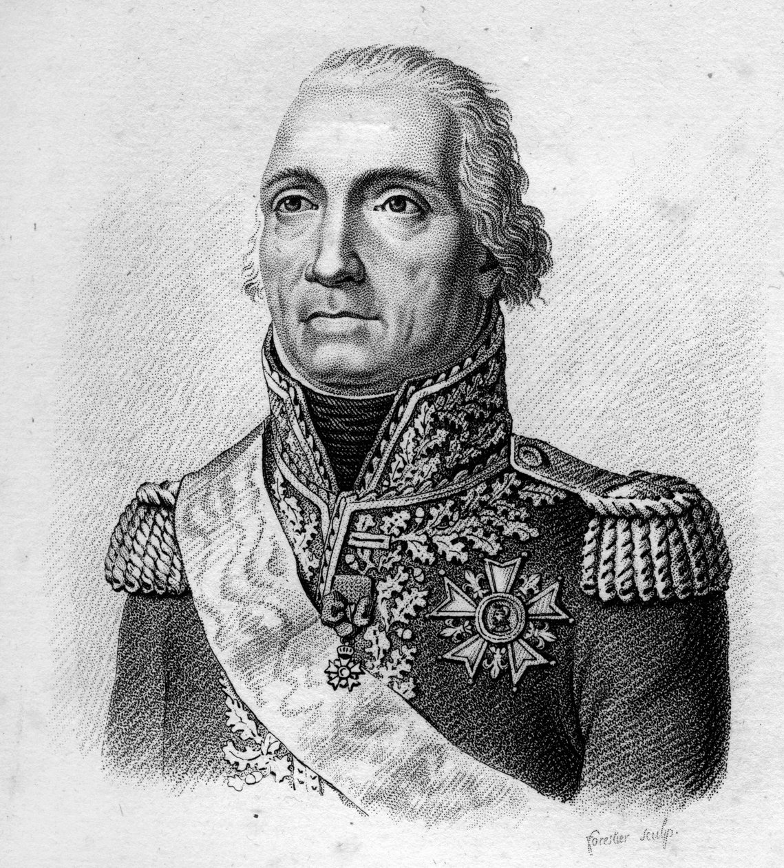 Marshal af Moncey.Bon Adrien Jeannot de Moncey, hertug af Conegliano Maréchal af Frankrig (1754 til 1842).i "" Portrætter af de franske generaler efter franskmændenes sejre og erobringer"". Graveret af Ambroise Tardieu i 1818. Stella Collection. af Ambroise Tardieu