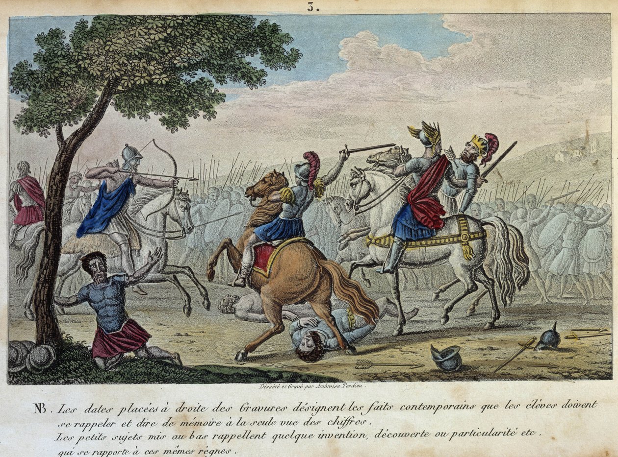 Merovee (447-458) trodser Attila ved Catalaunique Fields nær Troyes med Aetius og Theodoric I. Han er den formastelige konge af francs-salianerne og gav sit navn til det merovingerske dynasti. - Tegn og grav af Ambrose Tardieu i 1825. af Ambroise Tardieu