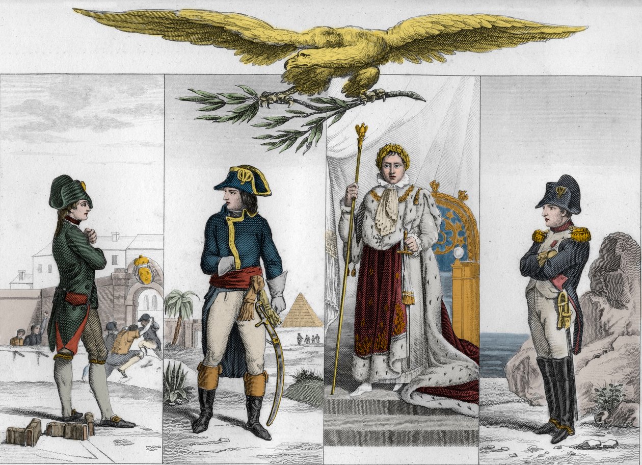 Napoleon Bonaparte (1769-1821) på fire stadier i sit liv - Napoleon Bonaparte (1769-1821) på forskellige tidspunkter af sit liv - Indgravering fra 1825 i "Histoire de France repræsenteret af synoptiske malerier dedikeret til Frankrigs børn og brugt til der af Ambroise Tardieu