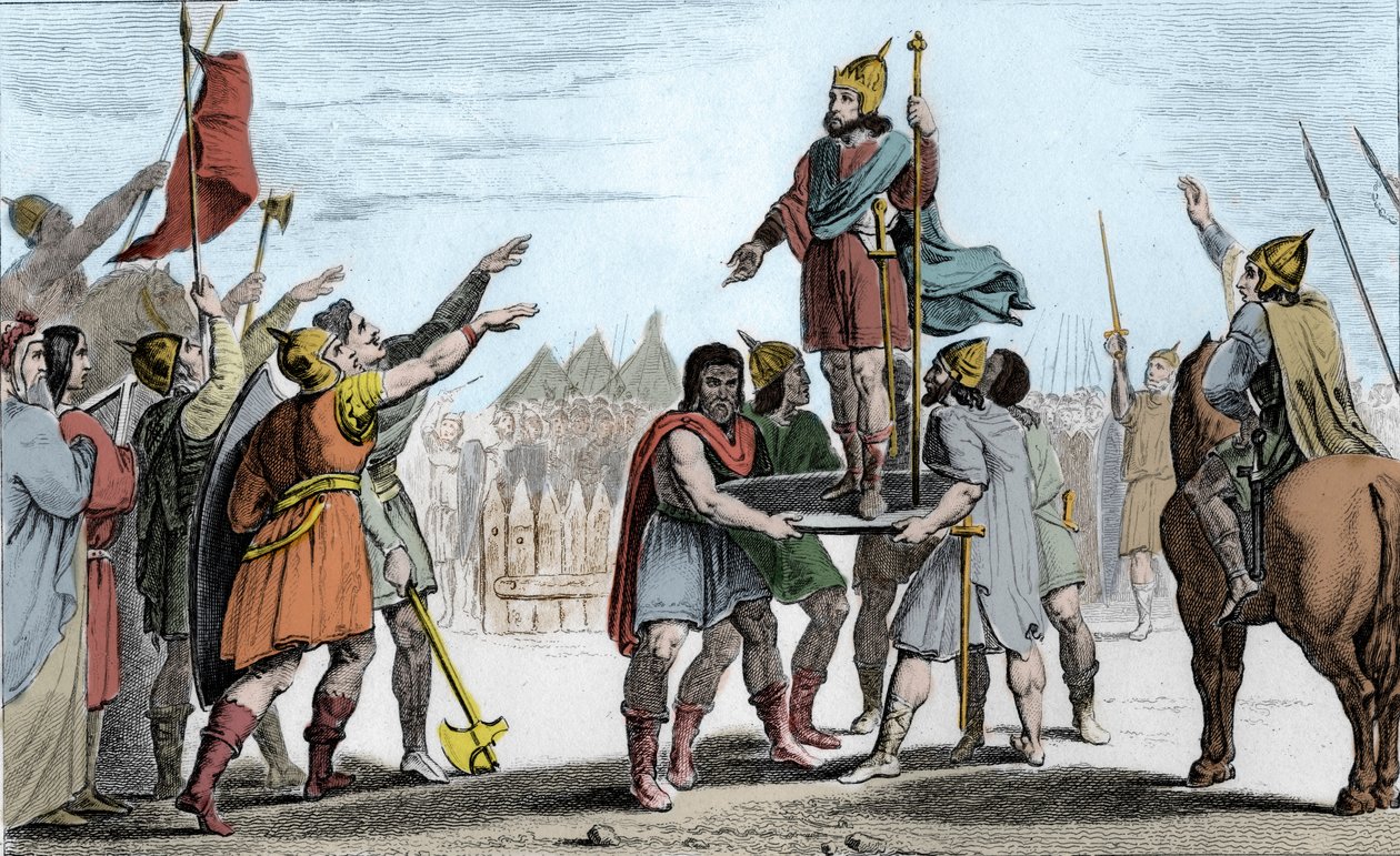 Pharamond I (c370-427), konge af frankerne. Rejst op på et skjold af sit folk, der har valgt ham til konge - Pharamond, anerkendt af francs-salianerne og gallerne genforenet i ét folk, bliver rejst på et skjold og går rundt i lejren i triumf - Legen af Ambroise Tardieu