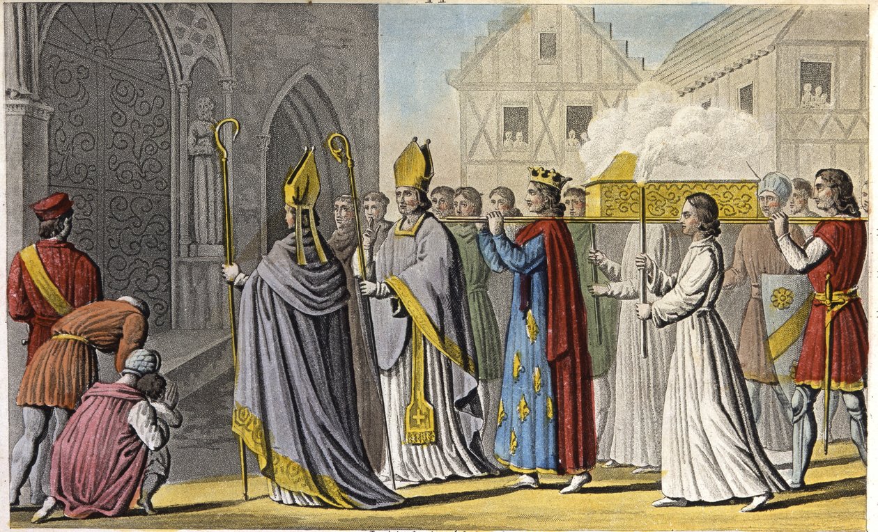 Filip III holdt en højtidelig gudstjeneste til Notre-Dame og bar kisten til fods til Saint-Denis, som indeholdt Saint-Louis høvding og knogler, idet kødet og indvoldene var blevet placeret i en grav nær Palermo på Sicilien - Filip III. af Frankrig. Cerem af Ambroise Tardieu