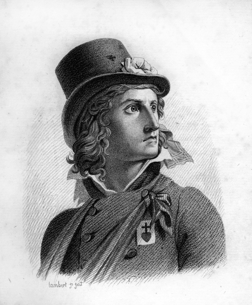 Portræt af Henri du Vergier, greve af La Rochejaquelein (eller Verger de La Rochejacquelein) (1772-1794). Han har på brystet sælgernes insignier. - i” Portrætter af de franske generaler efter franskmændenes sejre og erobringer””. Indgraveret af Ambroise Tardieu