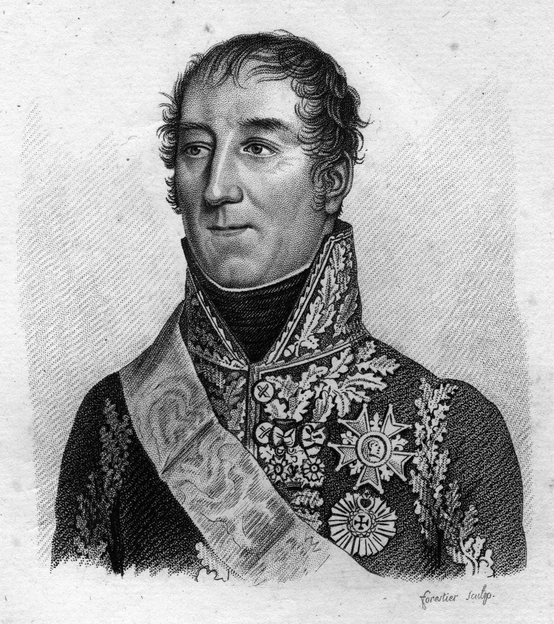 Portræt af marskal Mortier. Adolphe Edouard Casimir Joseph Mortier, hertug af Treviso, fransk marskal og politiker (1768 - 1835) i "Portrætter af de franske generaler efter franskmændenes sejre og erobringer"". Graveret af Ambroise Tardieu i 18 af Ambroise Tardieu