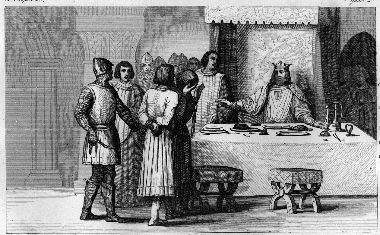 Robert II, den fromme (ca. 970-1031) løslader konspiratorer - Robert II dit "The Pious"" (ca. 972-1031), capetianernes dynasti - Da han vidste, at 2 sammensvorne var blevet dømt til døden, gjorde han dem kommunister, behandle smukt og derefter give frihed  af Ambroise Tardieu