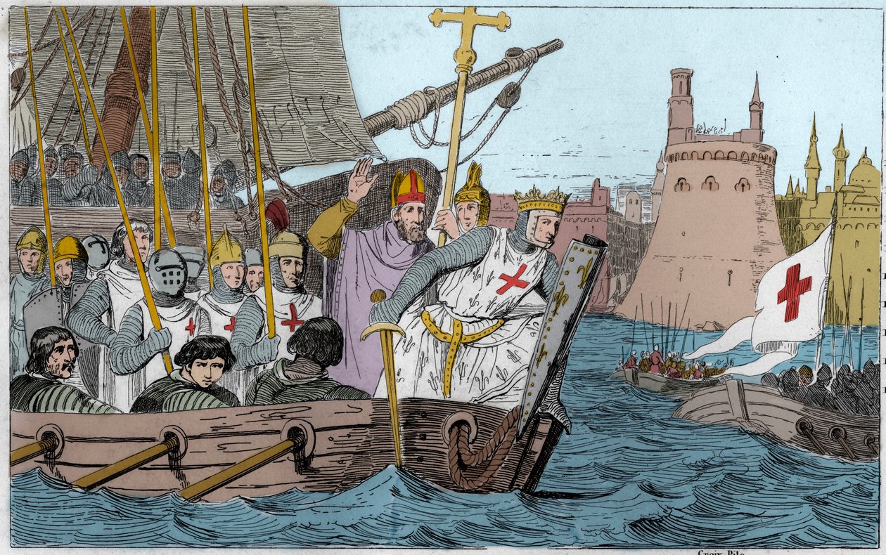 Syvende korstog: Kong Saint Louis (1214-1270) og korstogene, der belejrede Damiette i juni 1249 i Nedre Egypten - Syvende korstog til det hellige land 1248-50 - Saint Louis IX (1214-70) leder sine tropper i kamp - Gravering af 1825 i “Histoire de France re af Ambroise Tardieu